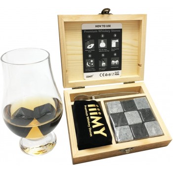 iiiMY Whisky-Steine Geschenkset aus 9 natürlichen Speckstein und Granit Kühlsteine mit stilvoller Holzbox und Samtbeutel + Edelstahlzange - B07C3TLG9HD