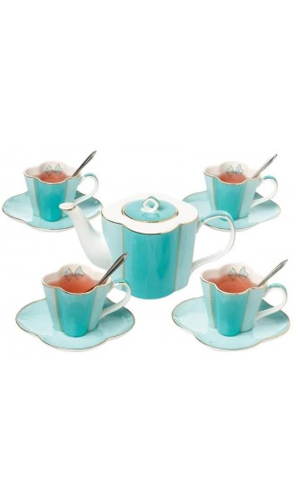 AERVEAL Neuheit Tea Set Bone China Kaffeetasse Und Untertasse Set Von 4 Mit Kaffeekanne Porzellan-Teekanne Und Tee Strainer- Klee-Entwurf Blau Blau - B09W5PZN73U