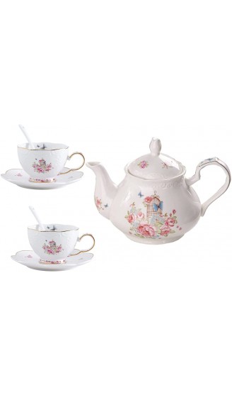 YBK Tech Strength Teekanne aus Porzellan mit rosa Rose Teekanne + 2 Sets mit Tasse und Untertasse - B09XWSNZ95Y