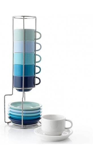 Sweese 404.003 6-teilig Stapelbare Espressotassen Set aus Porzellan Kaffeetassen mit Untertasse und Metall Ständer Blaue Serie 75 ml - B07HGS6VHRT