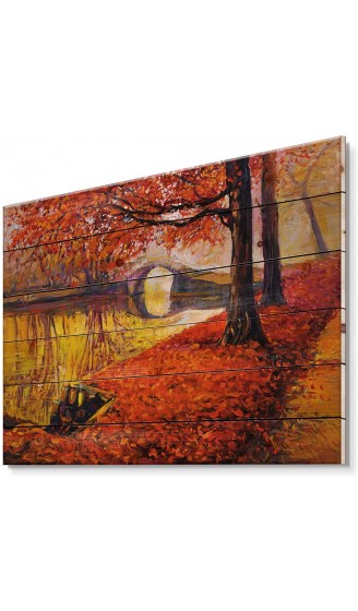 DesignQ Little Bridge In Orange Autumn Landscape I Traditional Print on Natural Pine Wood - B09JQK18W7K